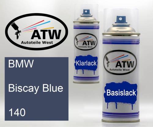 BMW, Biscay Blue, 140: 400ml Sprühdose + 400ml Klarlack - Set, von ATW Autoteile West.